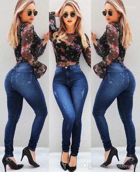 

female clothing fashion solid color casual apparel pencil pants womens summer jeans pockets solid color button, Blue