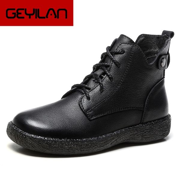 

boots women retro handmade ankle boots women shoes 2019 autumn winter fashion soft genuine leather flat shoes, Black