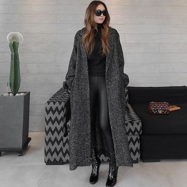 

fashion tide antumn winter herringbone casual open stitch pockets wide-waisred mid-calaf loose coat woman overcoat ef553, Black