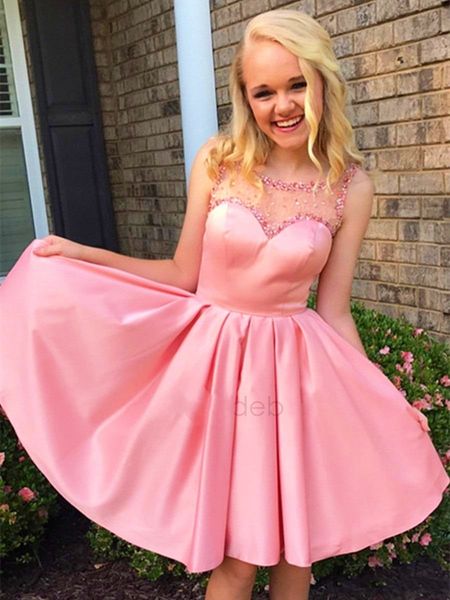 

new pink homecoming dresses sheer scoop neckline beaded mini short satin backless party gowns graduation cocktail gowns, Blue;pink