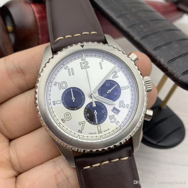 

рифленый безель из нержавеющей стали chrono aviator 8 кварцевый хронометр светящийся белый циферблат мужские часы коричневый кожаный ремешок, Slivery;brown