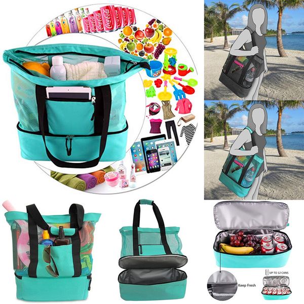 Outdoor Handheld Almoço Saco Refrigerador Saco De Piquenique Mesh Beach Tote Bebida Depósito