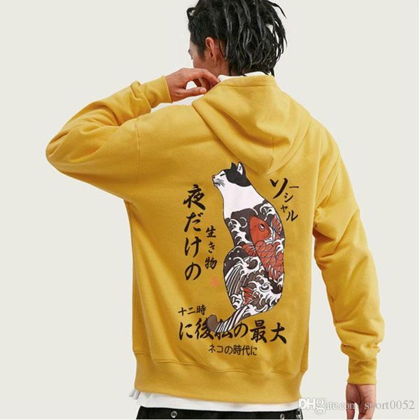 

japanese mens hip hop sweatshirts chinese character crane printed hoodies couples spring autumn pullover white crane custom made, Black