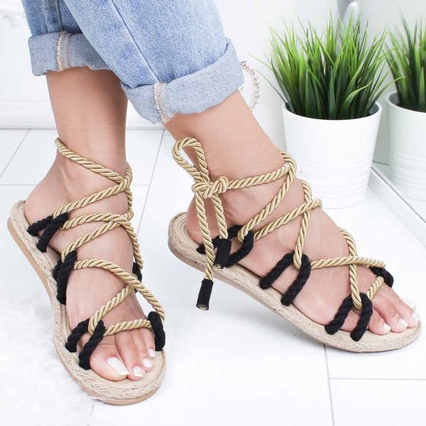 

ankle high rome summer women shoes rope flat slipper ladies cross-tied beach open toe retro sandals sandalias mujer 2019, Black