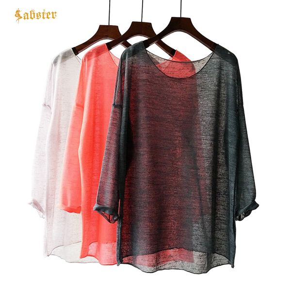 

new fashion linen cotton loose knitted sweater long sleeve blouses casual o-neck women transparent blouse shirt xz191, White