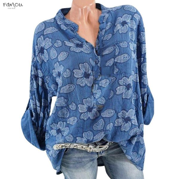 

2019 Womens Plus Size Fashions Autumn Clothing Winter V Neck Long Sleeve Floral Print Blouse Pullover Tops Shirt