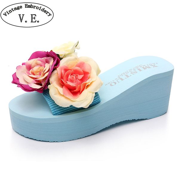 

2019 new fashion flower platform beach shoes women summer slippers summer flip flops flat shoes sandals women plus size 42, Black