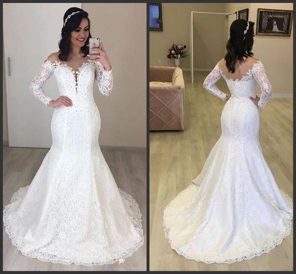 

Mermaid Lace Wedding Dresses For Women Elegant Long Sleeves Bridal Dress 2019 With Beads Illusion Neck Long Ivory Marriage Dress