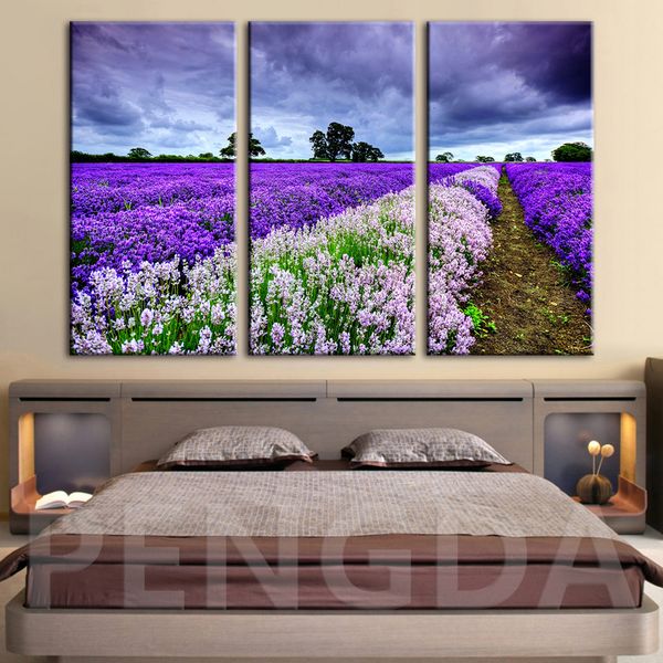 

hd print painting modular home decoration pictures 5 panel purple flower sea landscape poster wall art modern living room canvas