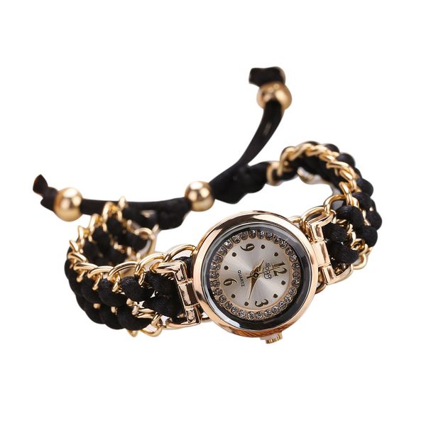 

1pc women watches fashion lady knitting rope chain winding rhinestone dial bracelet quartz wrist watch clock, Slivery;brown