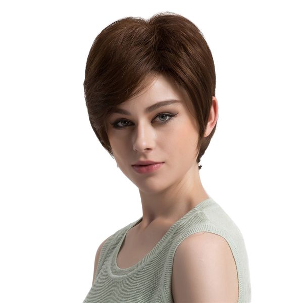 

12" women short layered 100% human hair wigs with cap heat resistant brown, Black