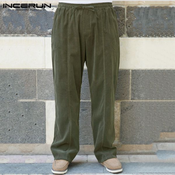 

incerun cotton linen men pants streetwear elastic waist joggers 2019 baggy solid color casual pants vintage retro trousers men, Black