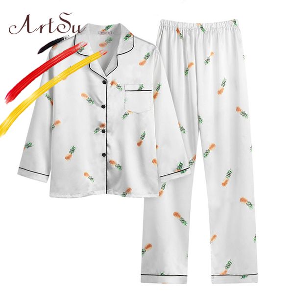 

artsu spring women pineapple print silk satin pajama set cute white home leisure wear long sleeve +pants lingerie suits 2019, Blue;gray