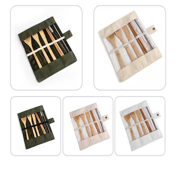 

fashion dinnerware sets wood environmental tableware chopsticks fork knife spoon straw brush 5 pieces dinnerware sets with cloth bag wy76q