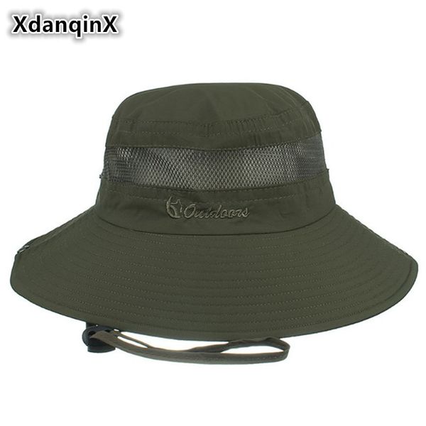 

xdanqinx mesh breathable bucket hats summer big brim uv resistant beach hat for men women wind rope fixed couple hat