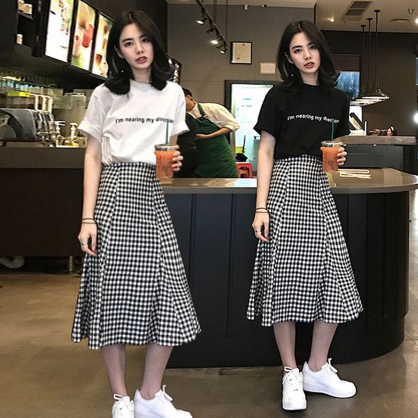 

ewq] 2020 summer new korea style loose high waist plaid fashion trend all-match women's skirt qz89001, Black