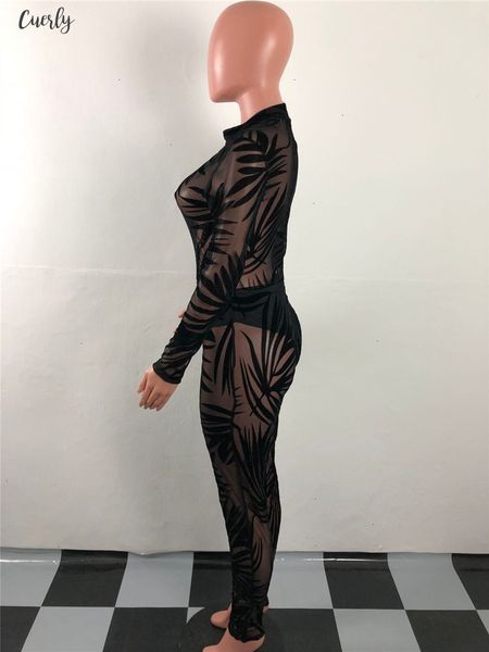 

sheer bamboo mesh jumpsuit o neck long sleeve women night club party romper split fashion bar overalls costumes, Black;white