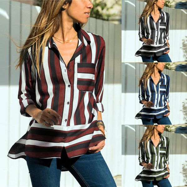 

women's blouses & shirts summer long sleeve v neck chiffon stripe printed pullover blouse single-breasted casual loose shirt, White