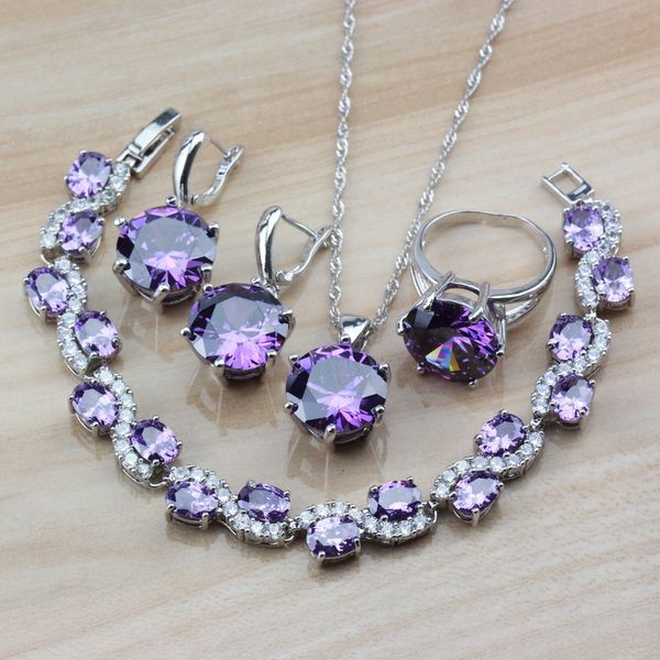 

wedding accessories round austria natural purple crystal 925 silver jewelry sets for women earrings/necklace/bracelet/ring, Slivery;golden