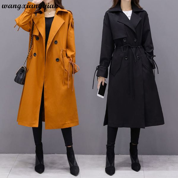 

women's trench coats autumn winter temperament large size coat loose was thin and long double-breasted windbreaker female a618, Tan;black
