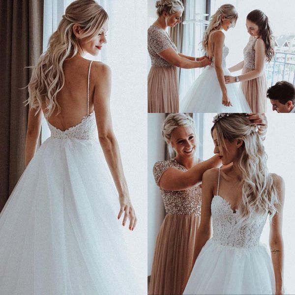 

2019 Beaded Pearls Cheap A Line Boho Wedding Dresses Sweep Train Spaghetti Straps Beach Bridal Gowns Appliques Wedding Gowns Plus Size