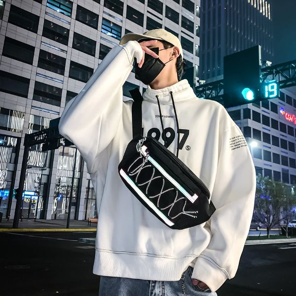 

mens street cool chest bags waist bags large waist pack male phone pouch reflective strip banana hip hop casual outdoor