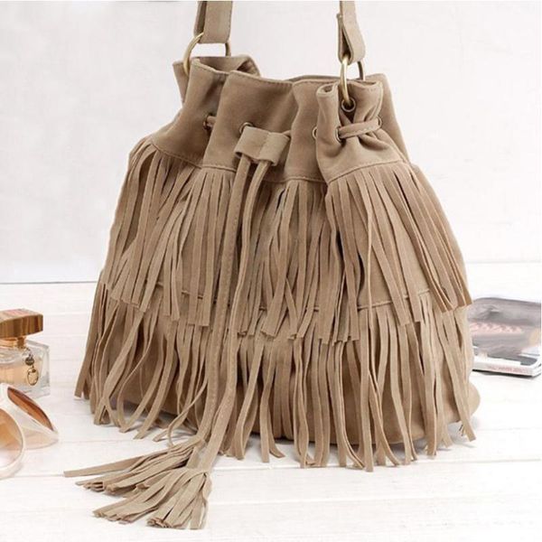 

designer--suede drawstring bucket bag women handbag faux fringe tassel shoulder crossbody messenger bag boho style