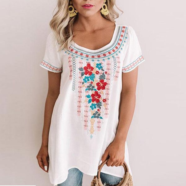 

2019 женщины урожай цветочные printed блуза весна коротким рукавом лоскутная блузка рубашка повседневный хлопок белье топ туника blusa, White