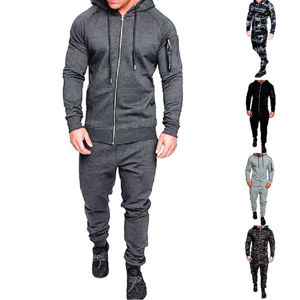 

puimentiua 2019 new men's autumn hoodies tracksuit set male zipper pleated sweatshirt sweatpants high street jackets sets -3xl, Gray