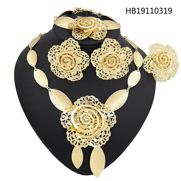 

yulaili new dubai jewelry sets for women gold color ethiopian flower shape pendant necklace earrings bracelet ring party jewelry, Silver