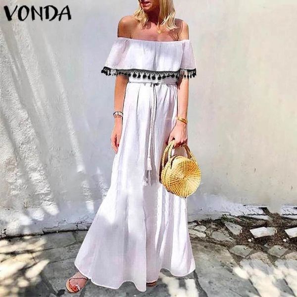 

casual dresses summer long dress women off shoulder ruffle holiday beach sundress 2021 vonda vintage plus size vestidos, Black;gray