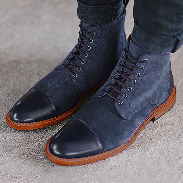 

men leather formal flat shoes 2019 winter lace up formal ankle boots male faux suede patchwork boots man solid derby shoes d20, Black