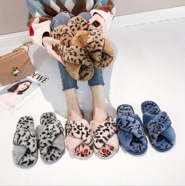 

winter women home slippers with faux fur fashion warm shoes woman slip on flats female slides leopard plus size 41, Black
