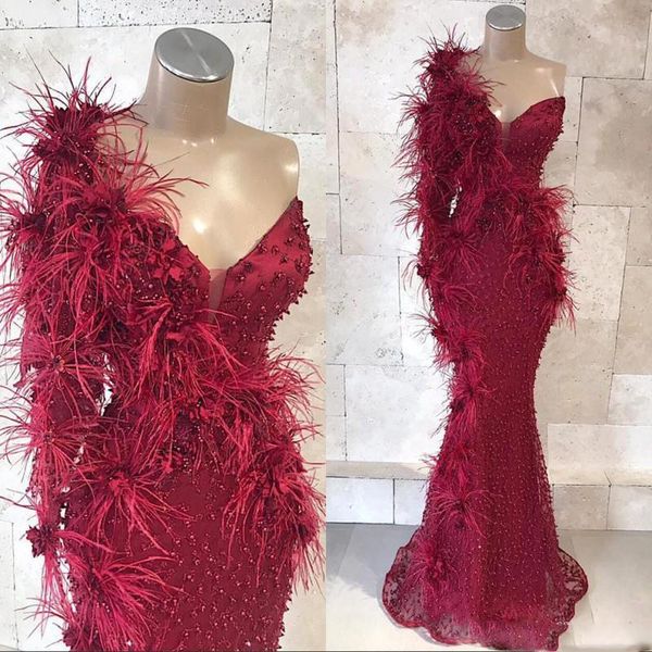 

one shoulder burgundy mermaid prom dresses 2019 feathers beaded 3d floral appliqued long evening gowns black girls party dress, White;black