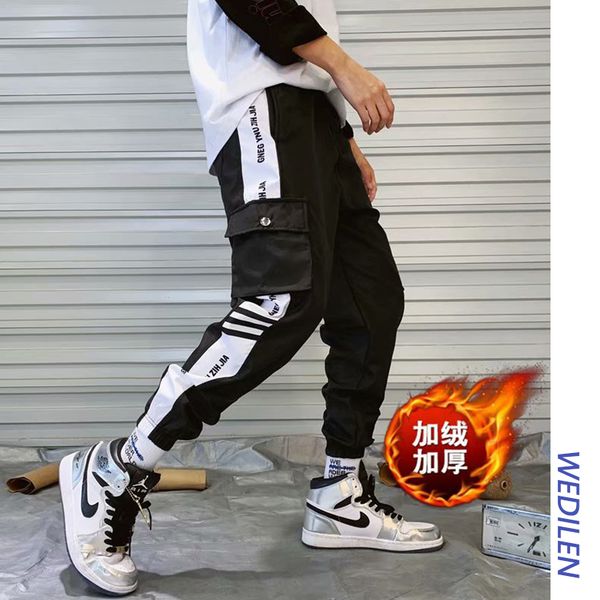 

winter fleece warm mens harem pants striped pockets letter high streetwear pants harajuku drop ship fashion cool boys men jogger, Black