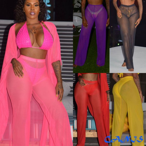 

горячая женщины широкий flared брюки высокой талией длинные pant бич mesh бикини cover up