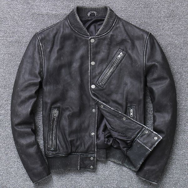 

2020 fashion cowhide leather jacket slim stand collar short genuine leather jacket men baseball uniform vintage motorcycle coat, Black