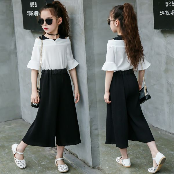 

2019 summer new girls clothing sets teens kids clothes suit children chiffon short sleeve t-shirt +wide pants 2pcs sets 3-14t, White