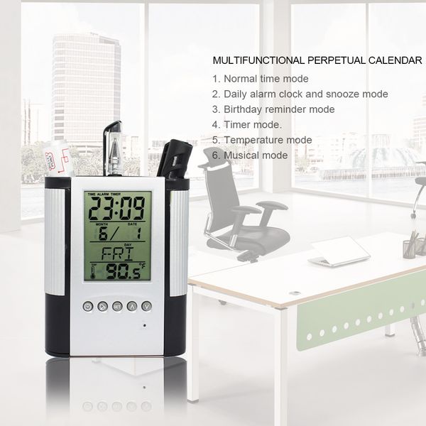 

alarm clock pen holder abs lcd electronic calendar desk temperature home multifunctional practical container timer organizer