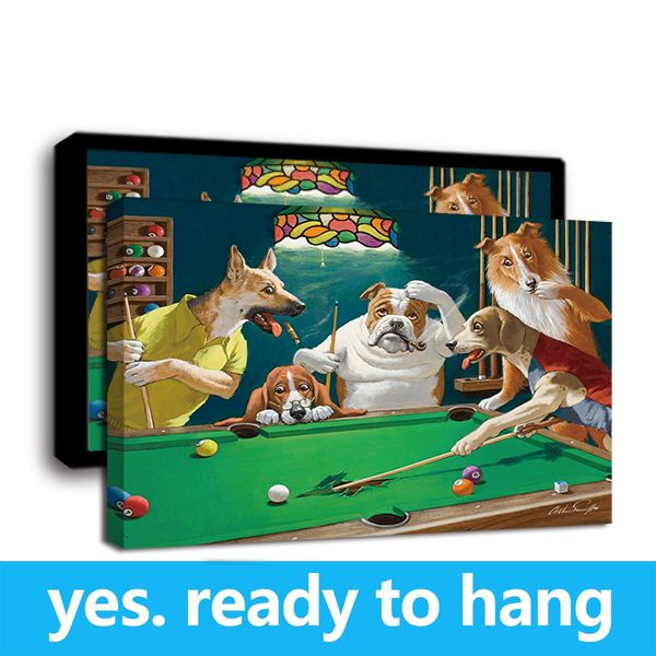 

framed wall art hd canvas print animal oil painting pool table dogs art print on canvas home decor - ready to hang