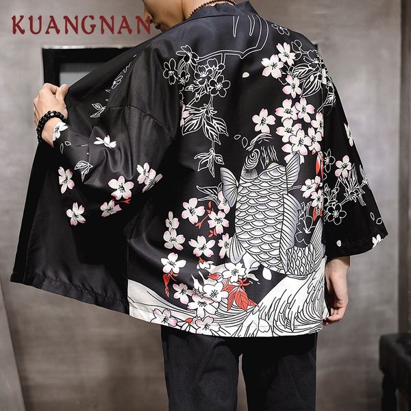 

kuangnan cherry carp print kimono men japanese kimono cardigan harajuku shirt men streetwear hawaiian shirt 5xl 2019, White;black