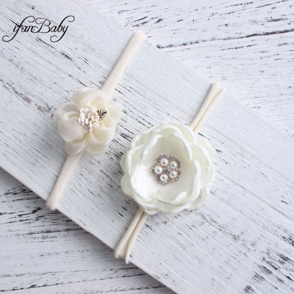 

ivory soft nylon flower headband 2 piece a set burn flower with organza lace rhinestone headband for baby kids girl, Golden;white