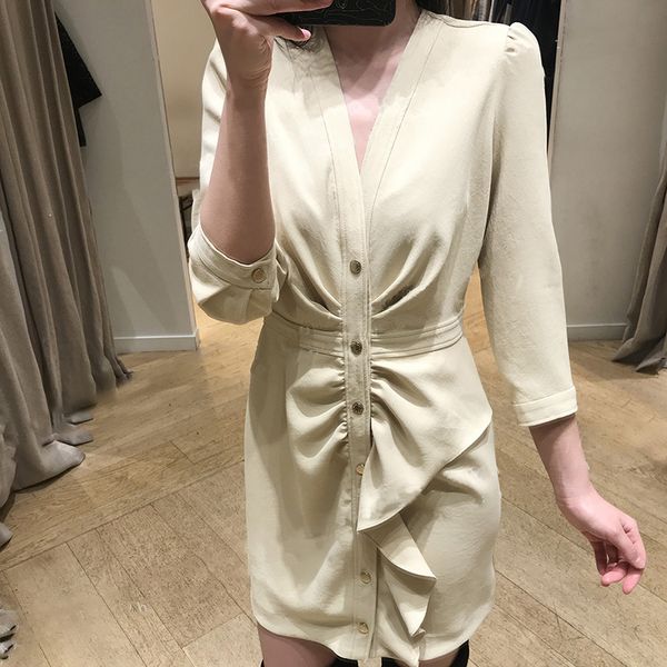 

women dress new style frilled trim sleeve v-neck temperament slim women's dress, Black;gray