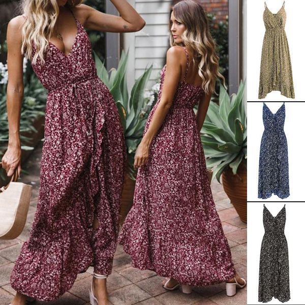 

women long dress summer boho style floral print maxi beach dress side split elegant party sundress vestidos, Black;gray