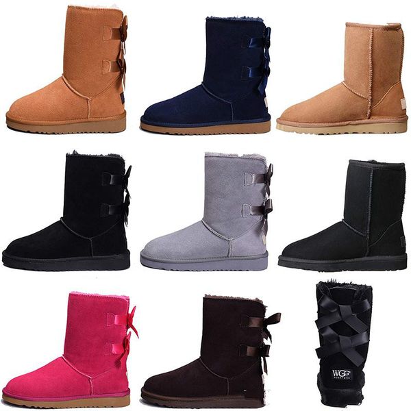 

designer women winter snow boots fashion australia classic short bow boots ankle knee bow girl mini bailey boot 2019 size 35-41 ship, Black