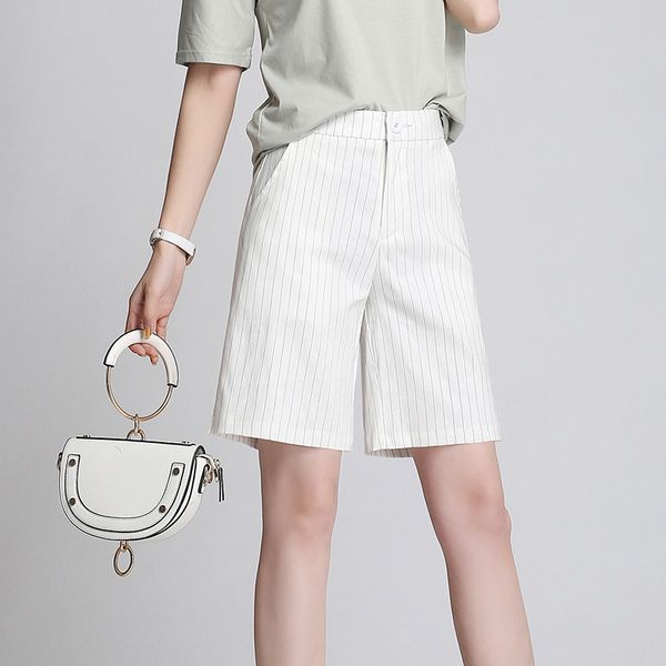 

2020 new summer womens shorts fashion korean striped wide leg female shorts casual linen loose fit bermudas feminina plus size, White;black