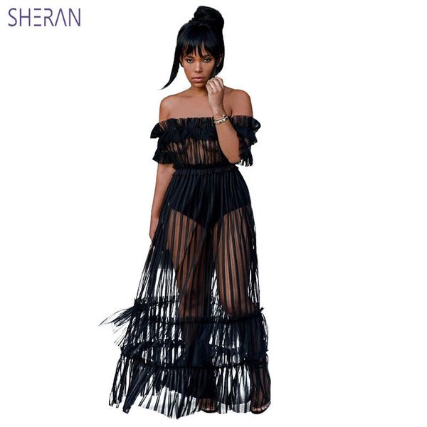 

women long dress shoulder slash neck sheer mesh striped maxi dress black see through summer dress plus size party vestidos, Black;gray