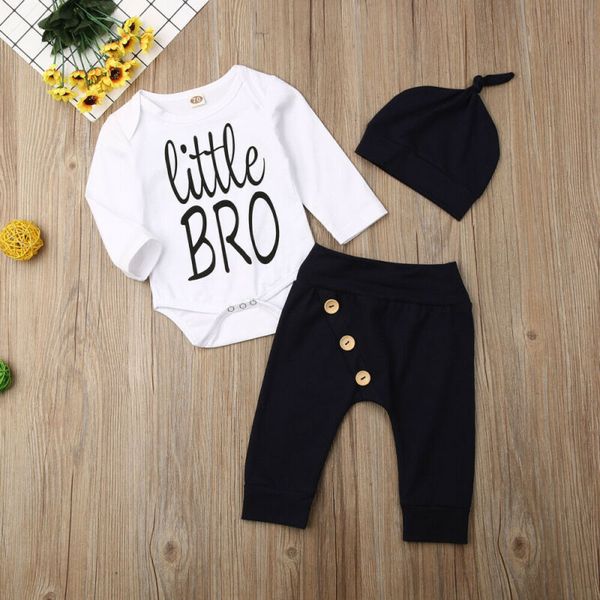 

baby boy clothes set 2019 toddler newborn infant little brother long sleeve bodysuit buttons pants hat 3pcs outfits clothing, White