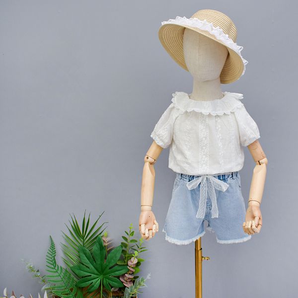 

2020 fashion girls clothing set short sleeve lace denim pants kids clothes casual cute summer holiday outfit t200707, White