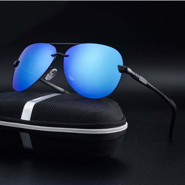 

rimless men polarized sunglasses black/brown metal frame uv400 driving glasses come with box, Blue